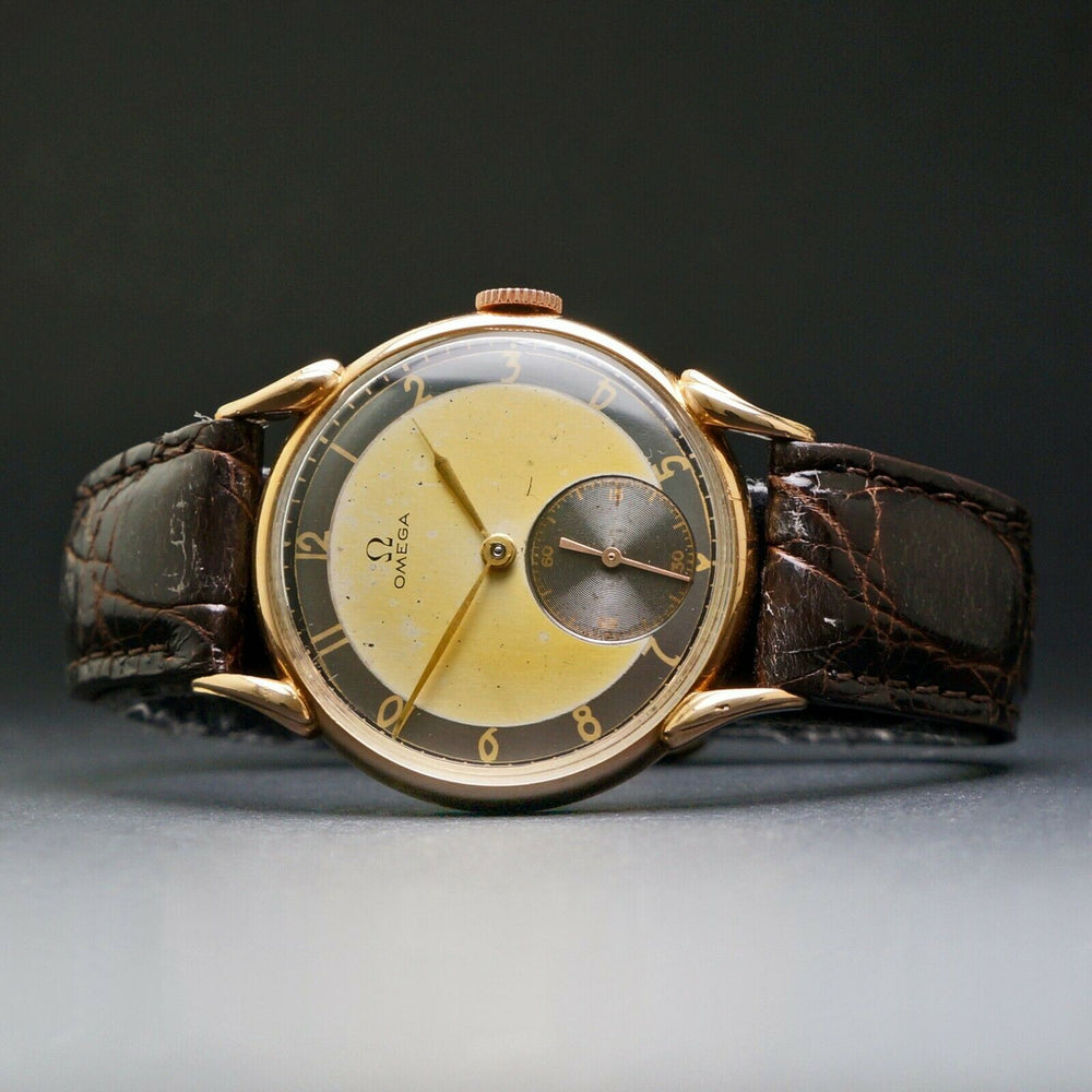 1940s Omega 14K Rose Gold Horn Lug Man's Watch 2 Tone Dial, 35mm, Olde Towne Jewelers Santa Rosa Ca.