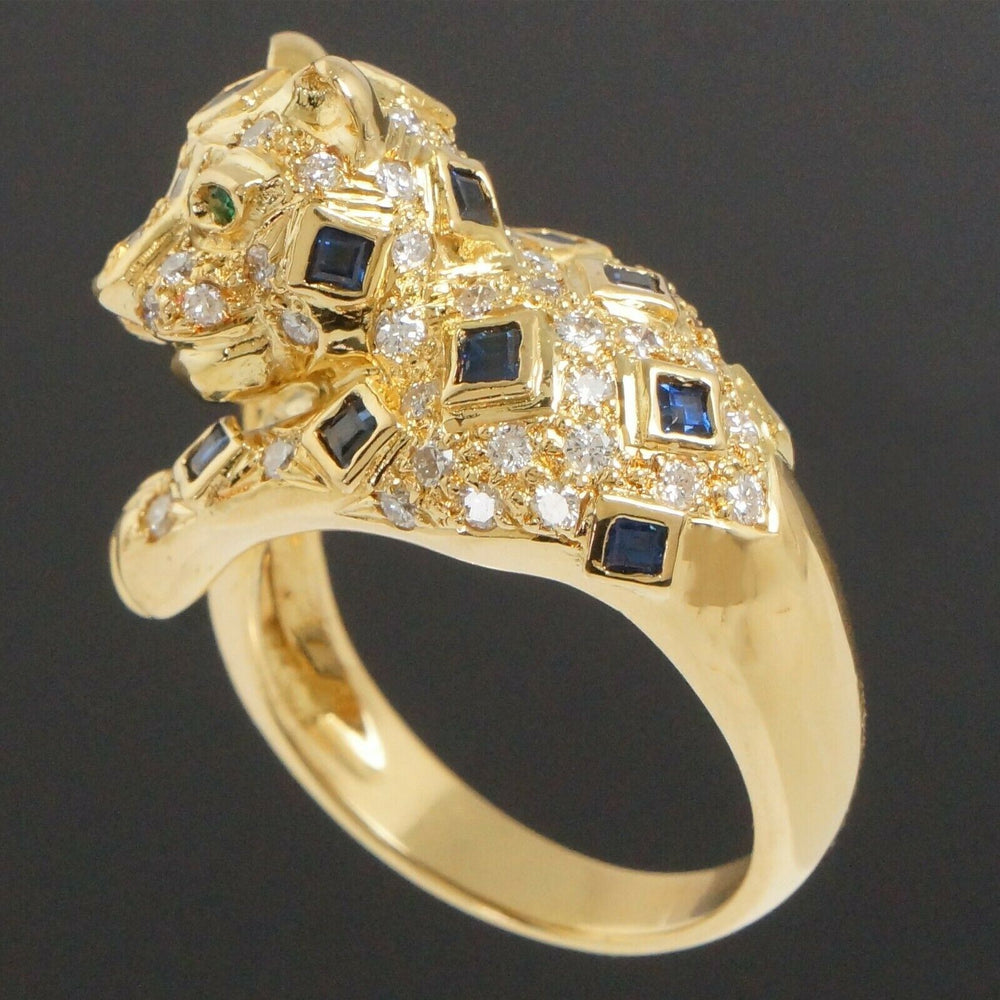 Heavy Custom Solid 18K Yellow Gold Diamond, Emerald & Sapphire Panther Ring, Olde Towne Jewelers, Santa Rosa CA.