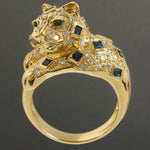 Heavy Custom Solid 18K Yellow Gold Diamond, Emerald & Sapphire Panther Ring, Olde Towne Jewelers, Santa Rosa CA.