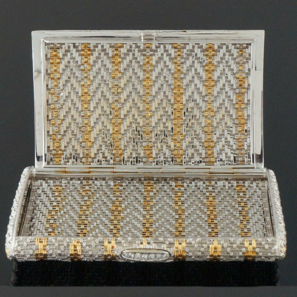 Rare Retro Two Tone Solid 18K Gold Weave & Link, & Diamond Accented Estate Cigarette Case, Olde Towne Jewelers, Santa Rosa CA.