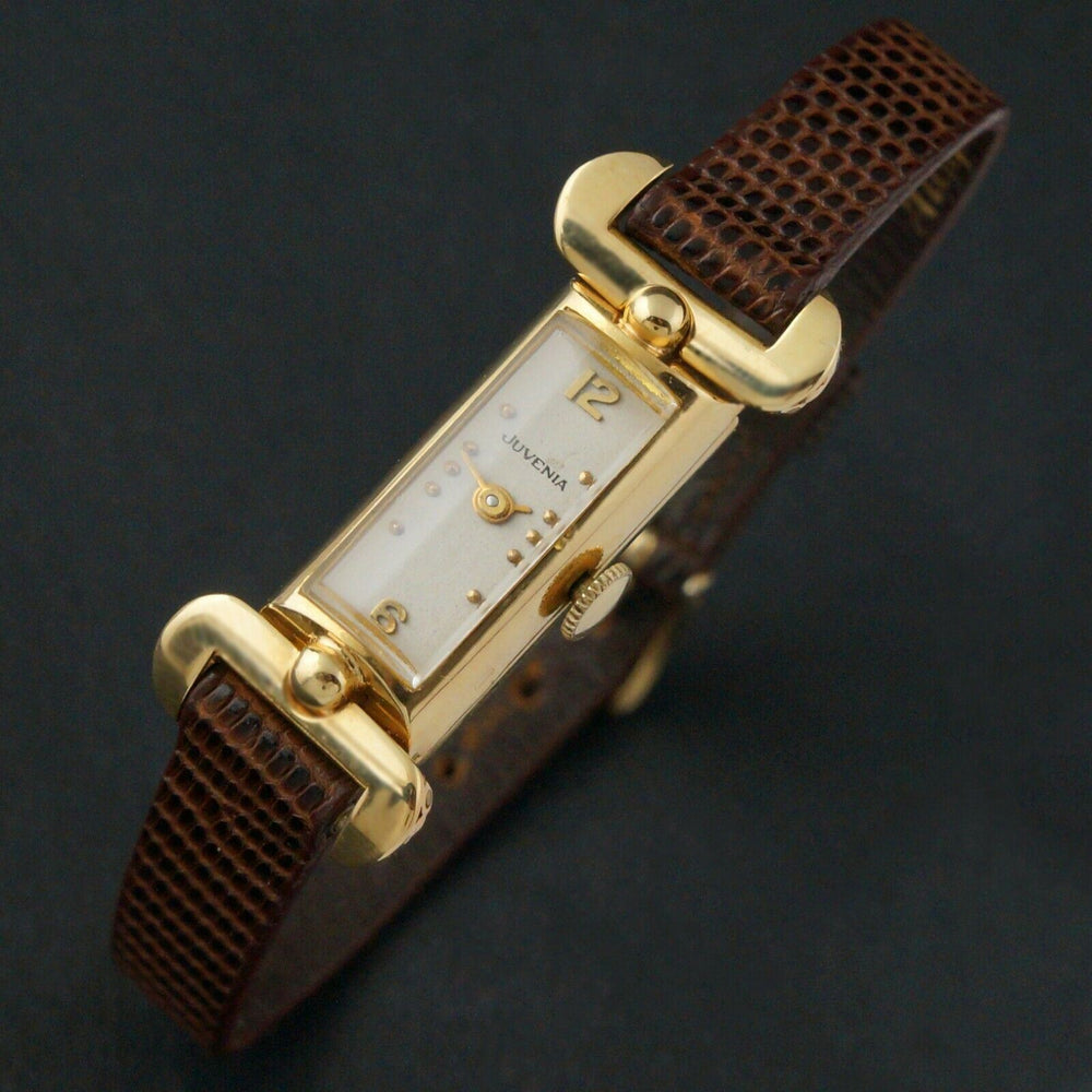 Vintage Juvenia 18K Solid Gold Lady's Baguette Watch, Flexible Lugs, Olde Towne Jewelers, Santa Rosa CA.