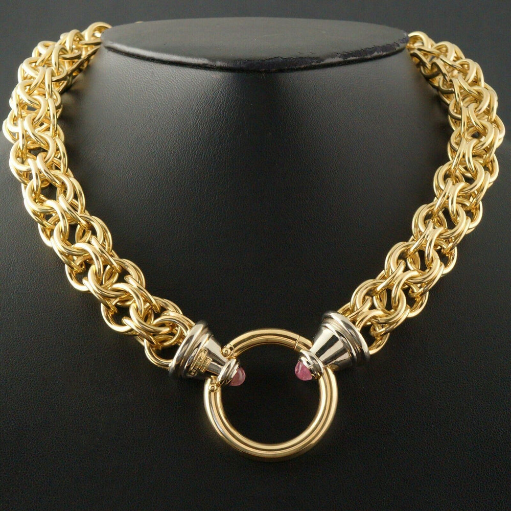 Massive Modernist Solid 18K Gold & Pink Tourmaline 18.5" Necklace, Italy, 113.6g