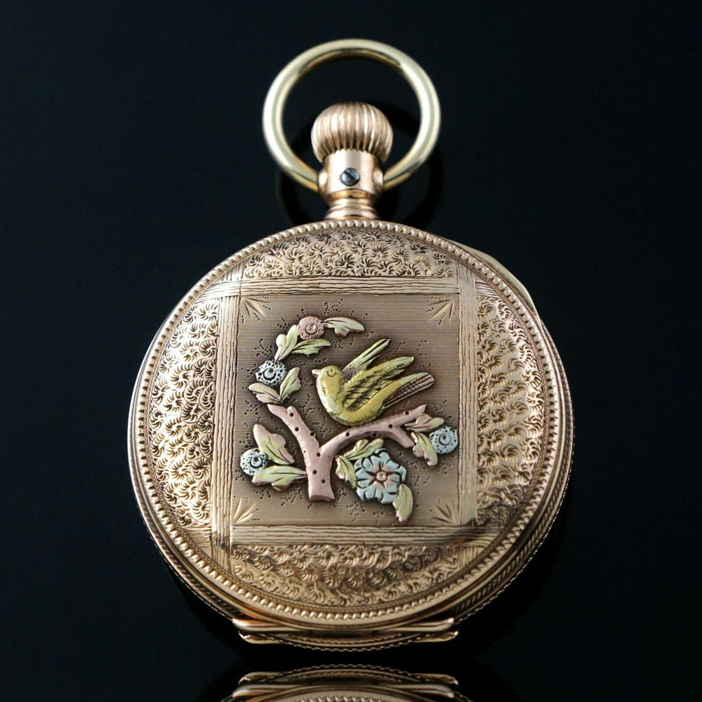 1888 Elgin 14K Multi Color Solid Gold 6S 11J Pocket Watch XLNT Bird Motif
