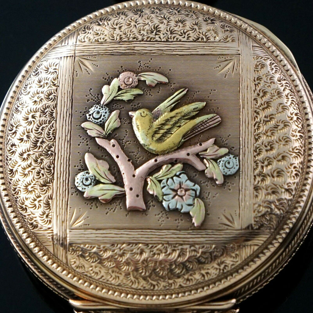 1888 Elgin 14K Multi Color Solid Gold 6S 11J Pocket Watch XLNT Bird Motif, Olde Towne Jewelers, Santa Rosa CA.