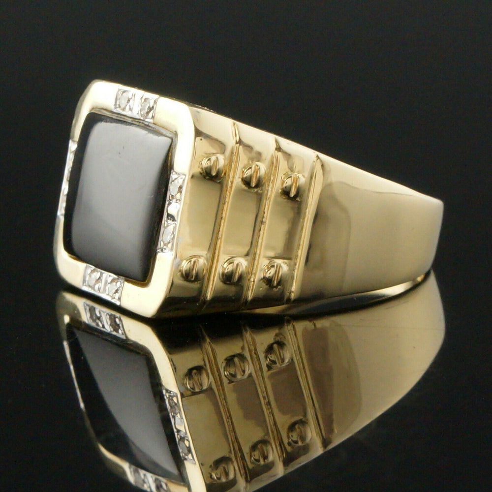 Unique Modernist Solid 14K Yellow Gold Onyx & Diamond President Style Man's Ring, Olde Towne Jewelers, Santa Rosa CA.