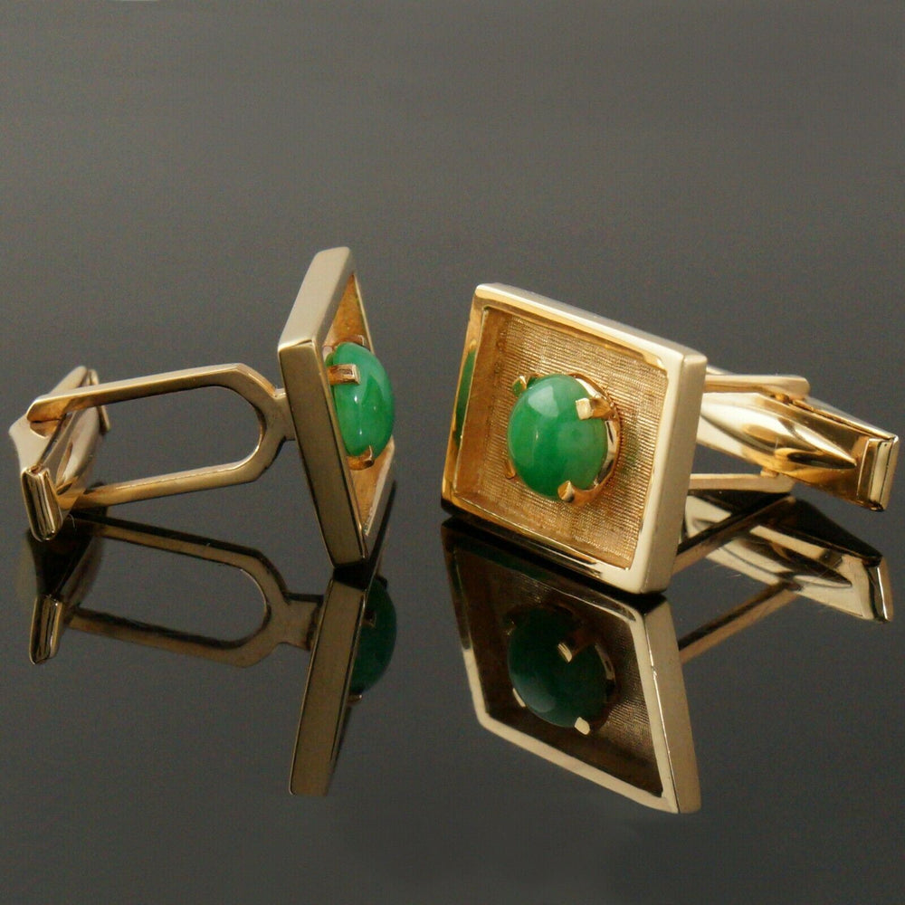 Solid 14K Yellow Gold & Round Green Jade Cabochon Estate Toggle Cufflinks, Olde Towne Jewelers, Santa Rosa CA.