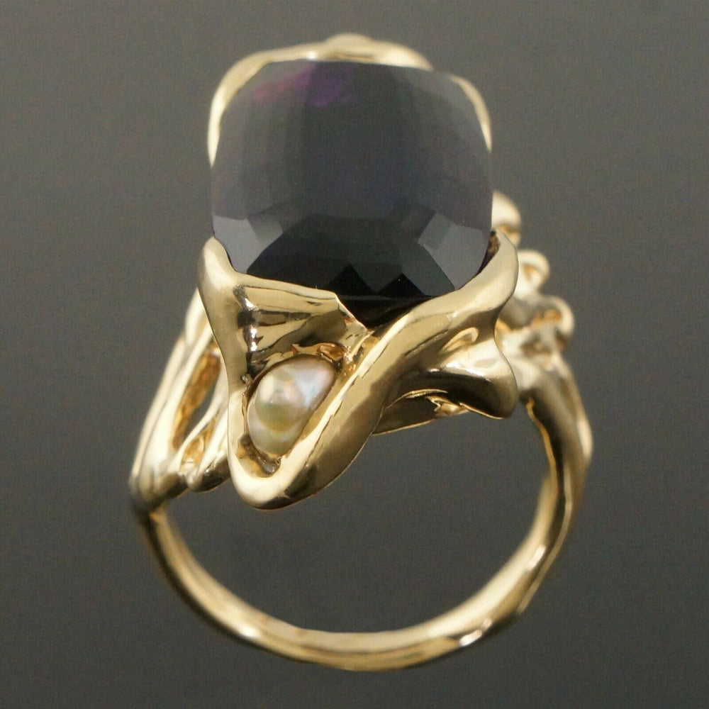 Modernist Solid 14K Yellow Gold, 40.0 Carat Amethyst & Pearl Free Form Ring, Olde Towne Jewelers, Santa Rosa CA.
