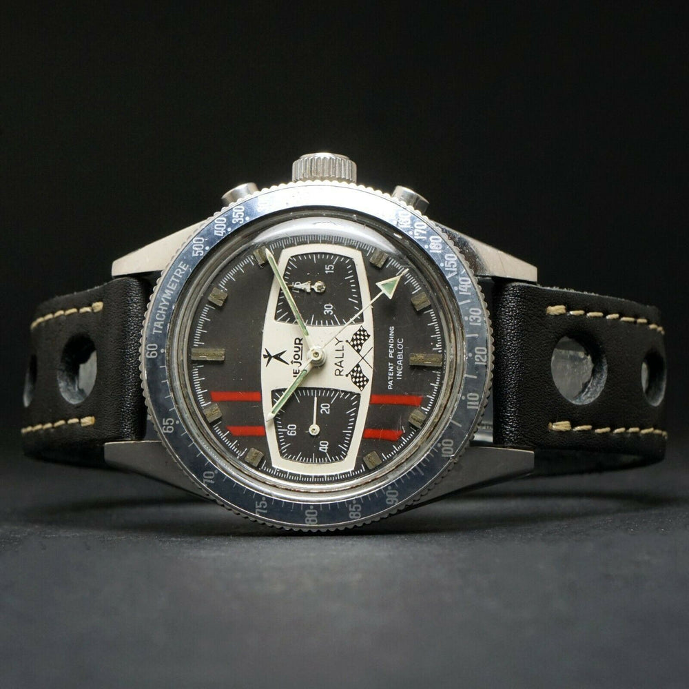 Rare Vintage Le Jour Rally Stainless Steel Chronograph Watch Mario Andretti, Olde Towne Jewelers, Santa Rosa CA.