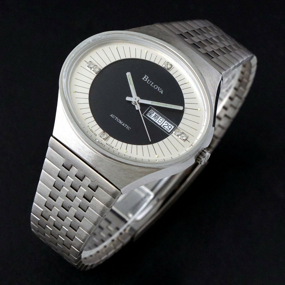 Rare 1970s Bulova Space Age Retro Automatic Stainless Steel NOS HUGE Man's Watch, Olde Towne Jewelers Santa Rosa CA.