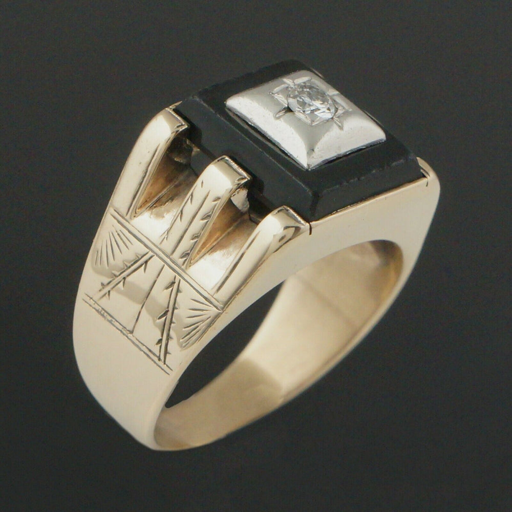 Vintage Two Tone Solid 10K Gold Onyx & Diamond, Hand Engraved Estate Ring