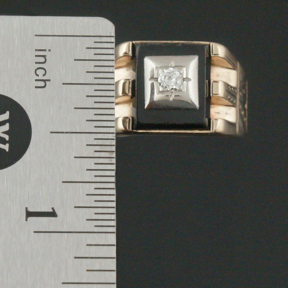 Vintage Two Tone Solid 10K Gold Onyx & Diamond, Hand Engraved Estate Ring, Olde Towne Jewelers, Santa Rosa CA.