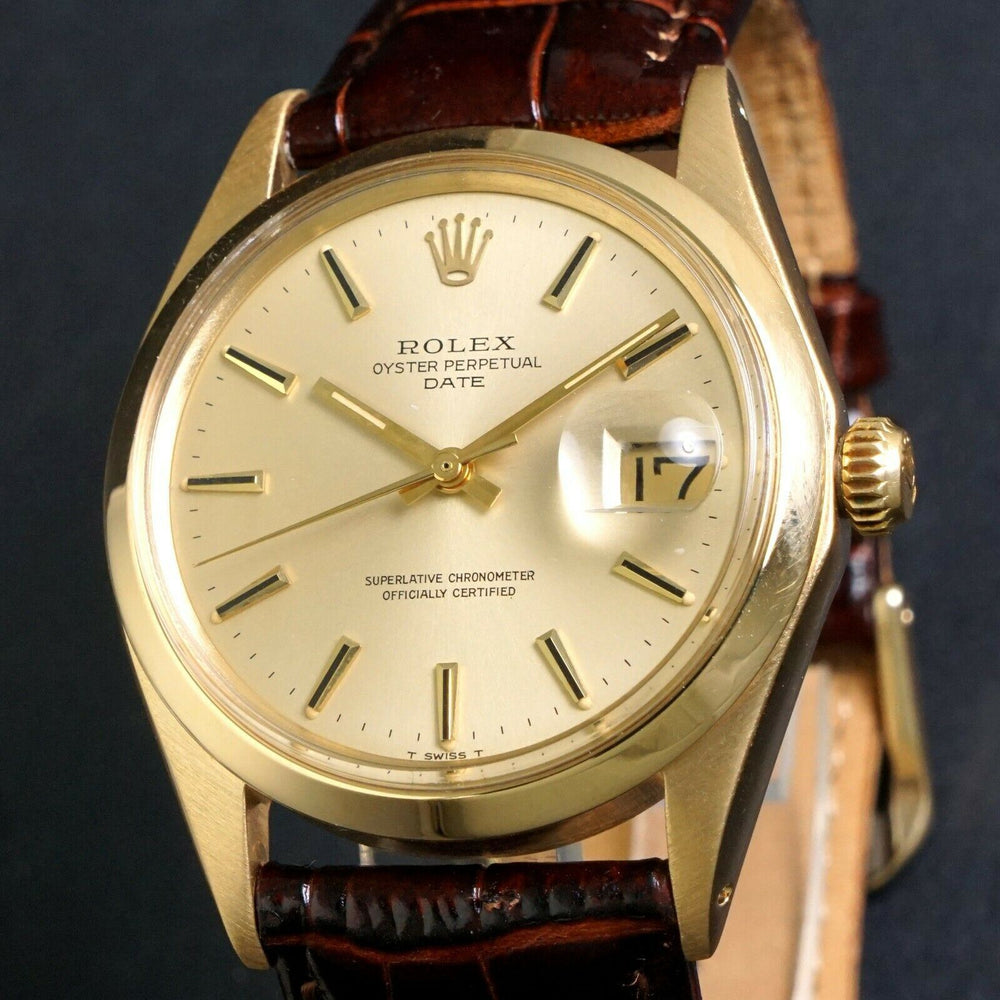 1968 Rolex Date 18K Solid Gold 34mm Watch, Rare Dial, Excellent Condition, Olde Town Jewelers Santa Rosa Ca.