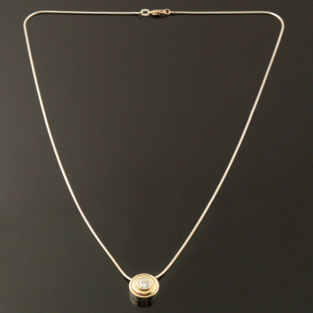 Two Tone Solid 14K Gold & Bezel Set Diamond Solitaire Pendant 20" Necklace