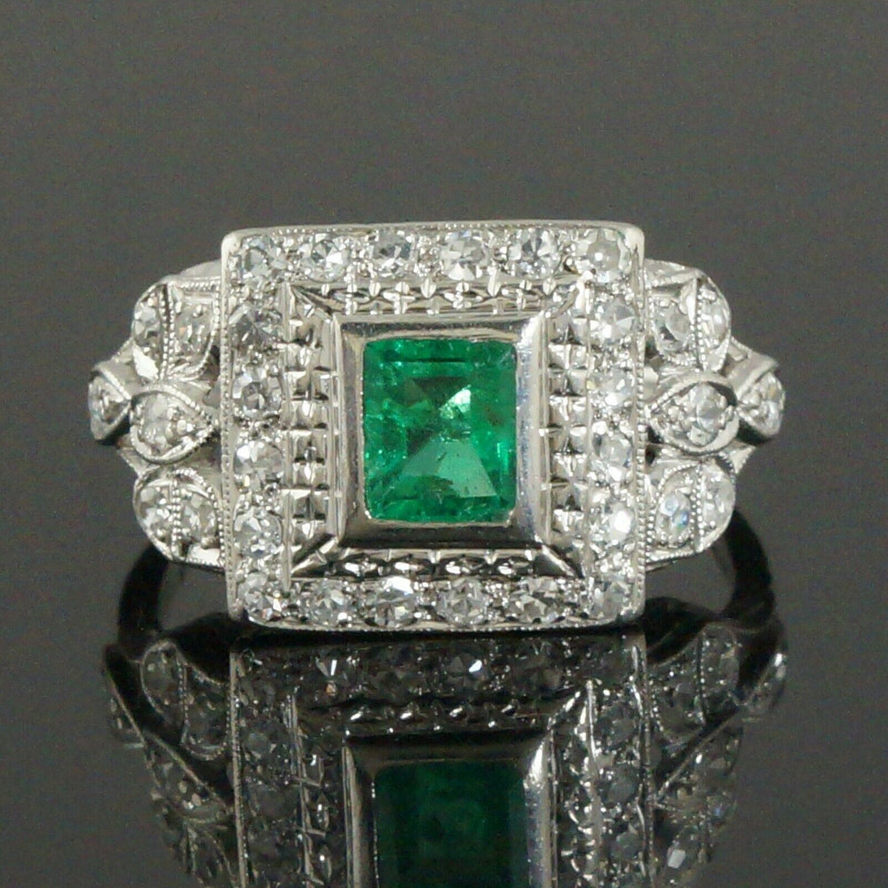 Rare Art Deco Platinum .75 CTW Emerald & .32 CTW Diamond Wedding Engagement Ring