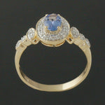 Solid 14K Yellow Gold, .62 CTW Tanzanite & Diamond Halo Estate Engagement Ring, Olde Towne Jewelers, Santa Rosa CA.