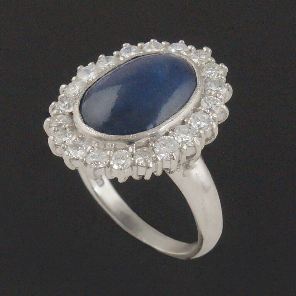 Platinum 9.0 Ct Sapphire Cabochon 1.05 CTW Diamond Halo Wedding Engagement Ring, Olde Towne Jewelers, Santa Rosa CA.