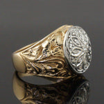 Rare Heavy 2 Tone Solid 18K Gold Pave Diamond Carved Floral Motif Estate Ring