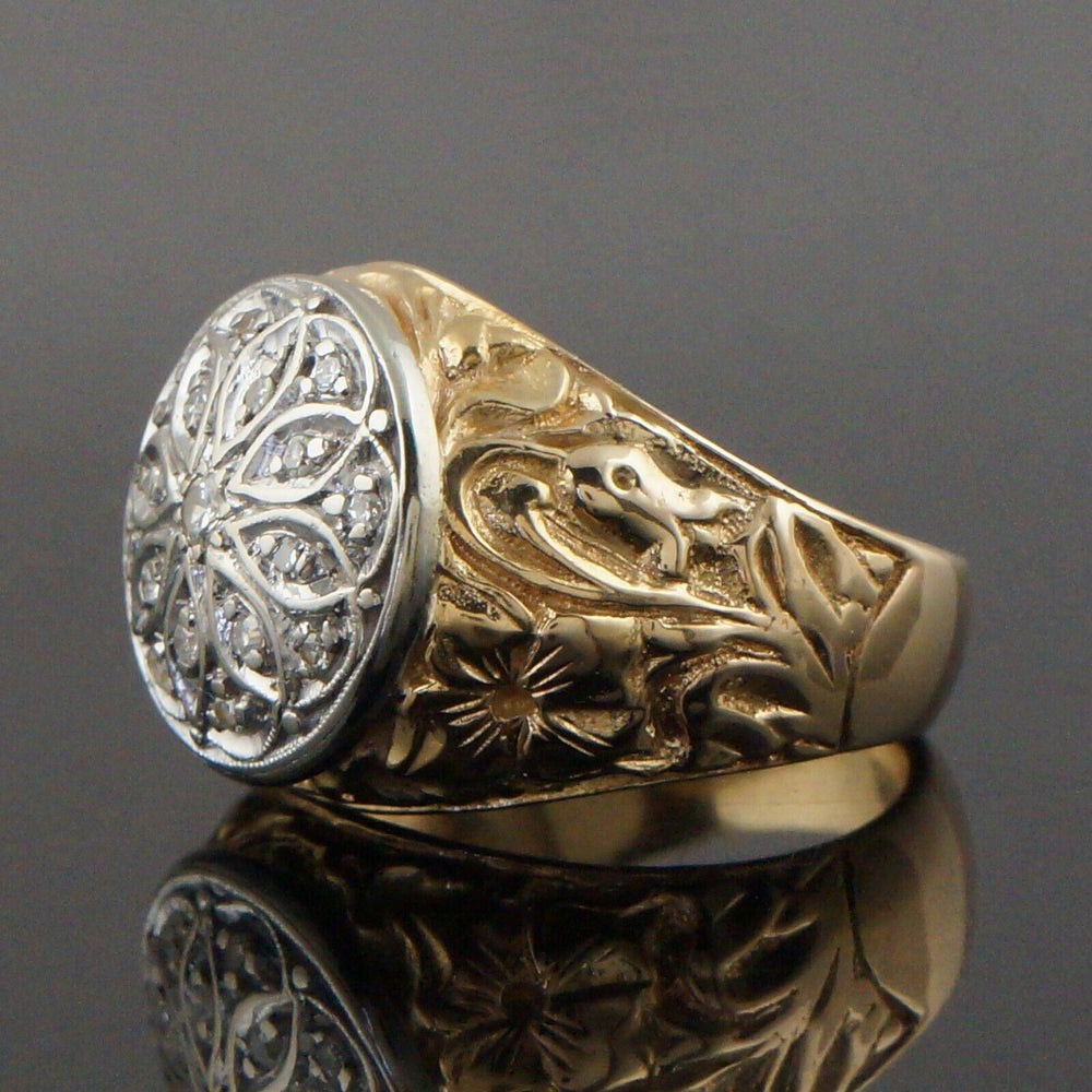 Rare Heavy 2 Tone Solid 18K Gold Pave Diamond Carved Floral Motif Estate Ring, Olde Towne Jewelers, Santa Rosa CA.