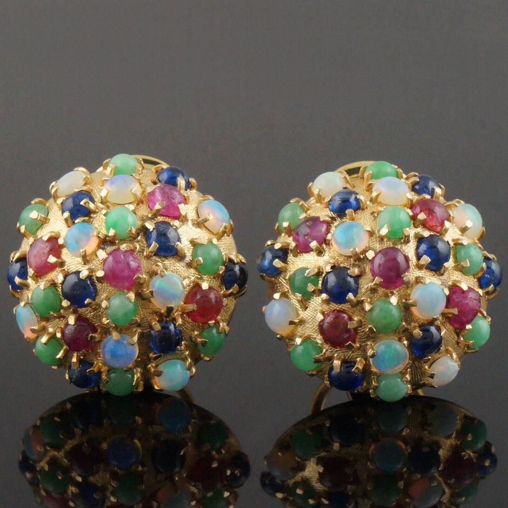Solid 14K Gold & Sapphire, Ruby & Opal Cabochon Domed Omega Earrings