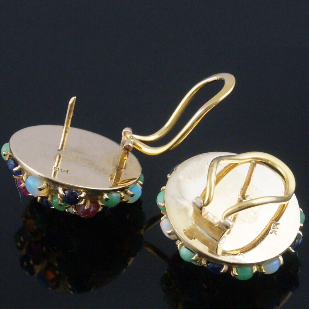 Solid 14K Gold & Sapphire, Ruby & Opal Cabochon Domed Omega Earrings, Olde Towne Jewelers, Santa Rosa CA.