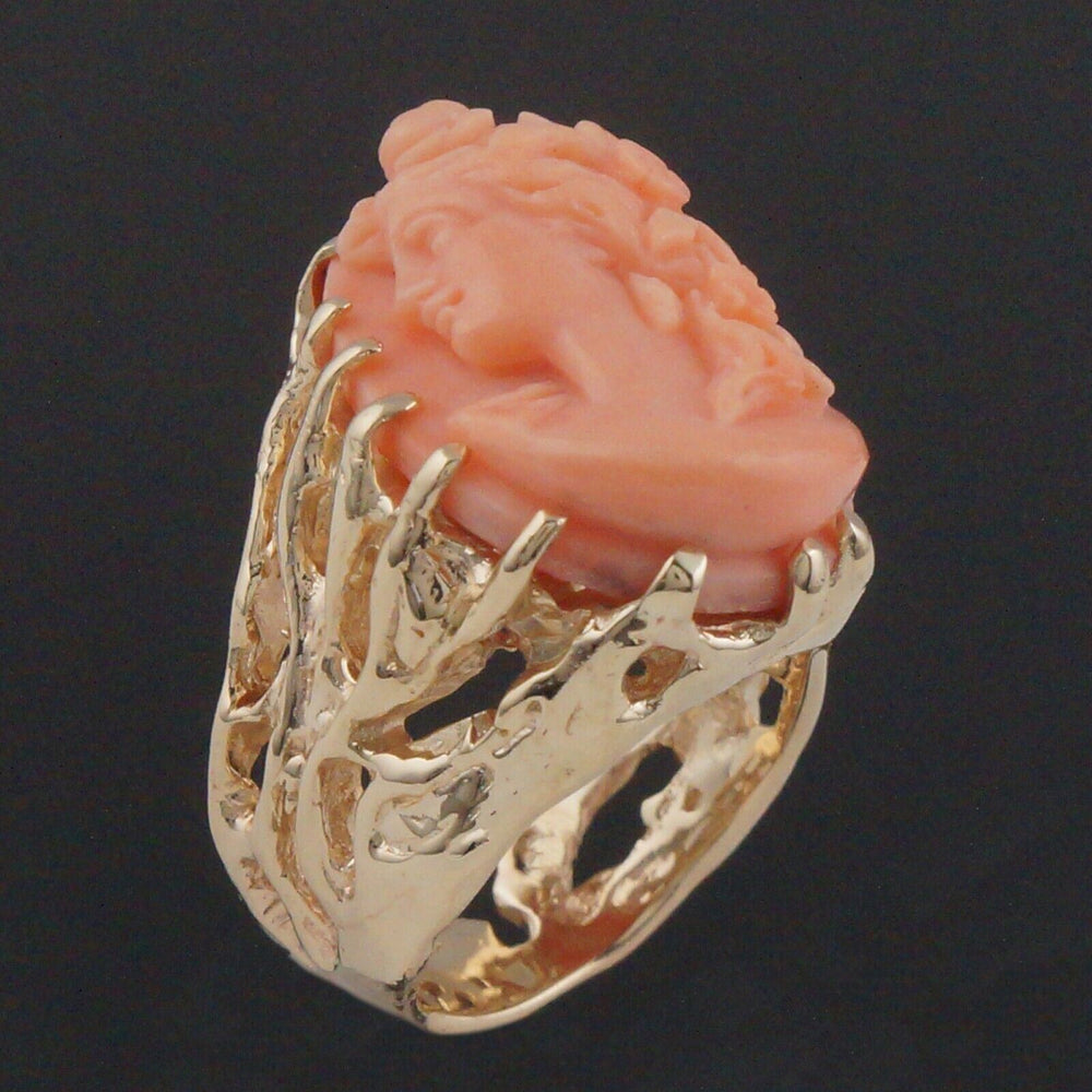 Solid 14K Yellow Gold Organic Free From & Carved Pink Coral Cameo Estate Ring, Olde Towne Jewelers, Santa Rosa CA.