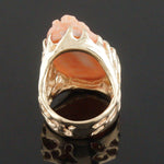 Solid 14K Yellow Gold Organic Free From & Carved Pink Coral Cameo Estate Ring, Olde Towne Jewelers, Santa Rosa CA.