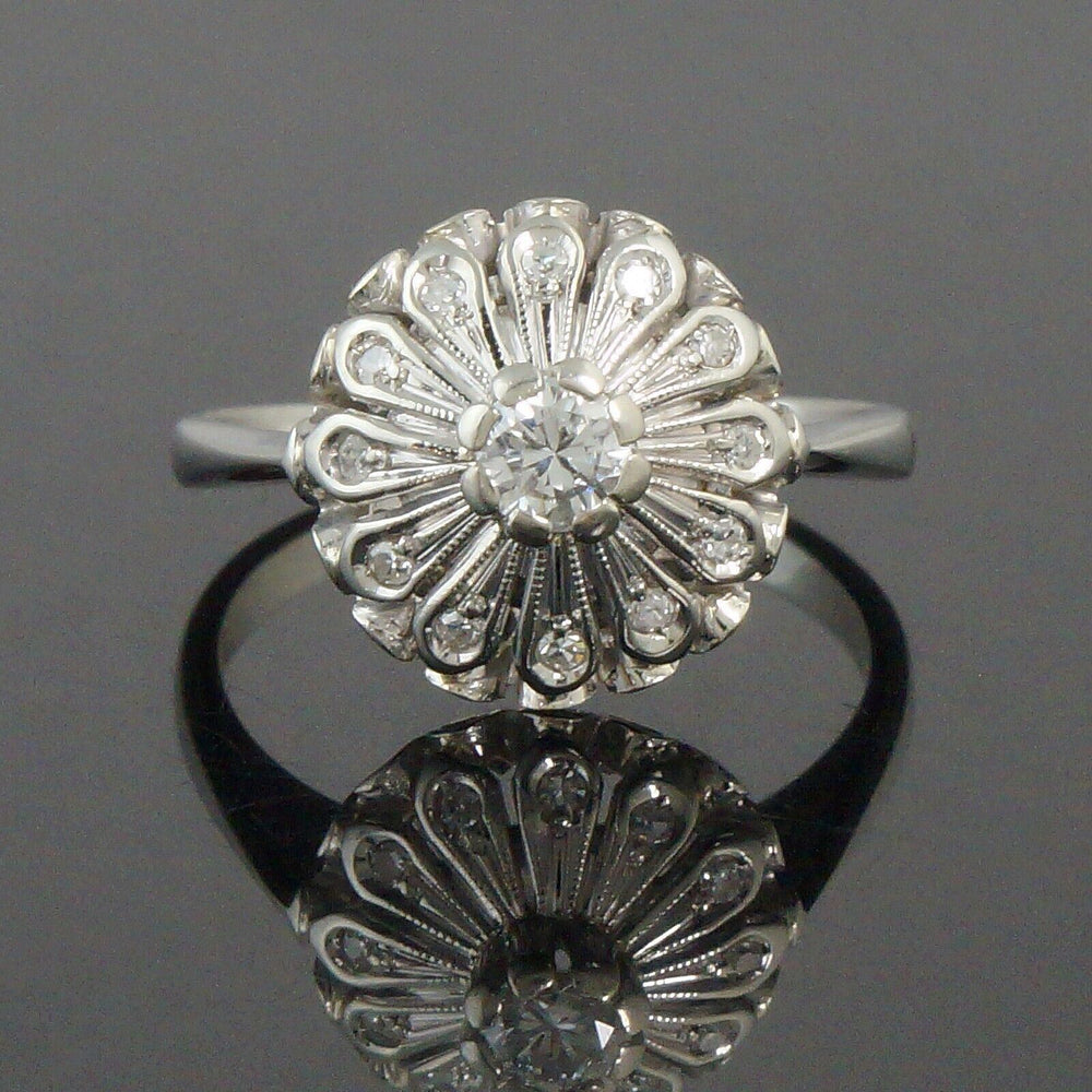 Solid 18K White Gold Filigree .42 CTW Diamond Burst Wedding Band Engagement Ring, Olde Towne Jewelers, Santa Rosa CA.