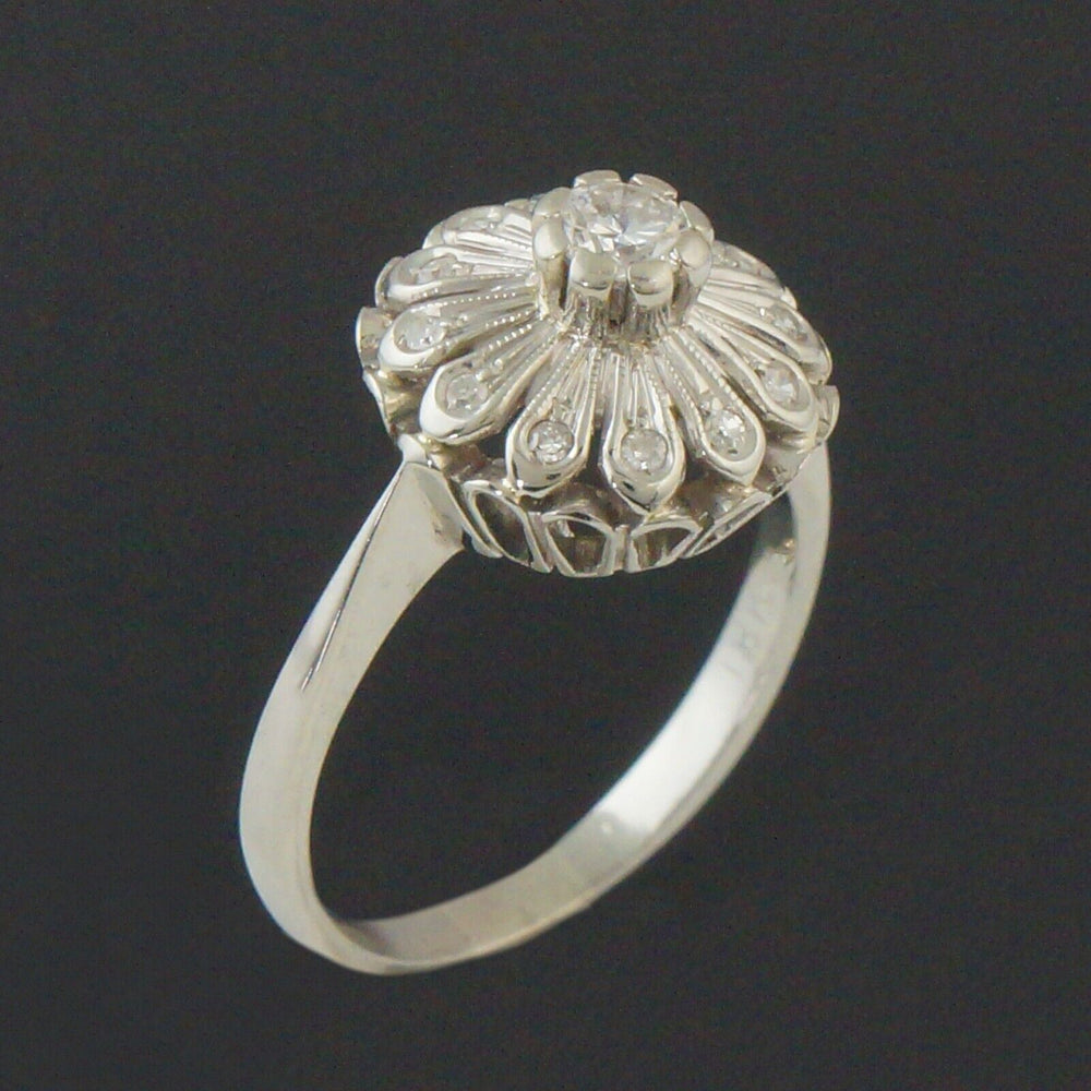 Solid 18K White Gold Filigree .42 CTW Diamond Burst Wedding Band Engagement Ring, Olde Towne Jewelers, Santa Rosa CA.