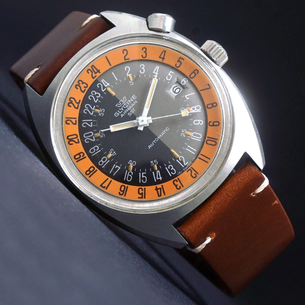 Stunning Glycine Airman SST Unpolished Automatic Stainless Steel Man's Watch, Olde Towne Jewelers, Santa Rosa CA.