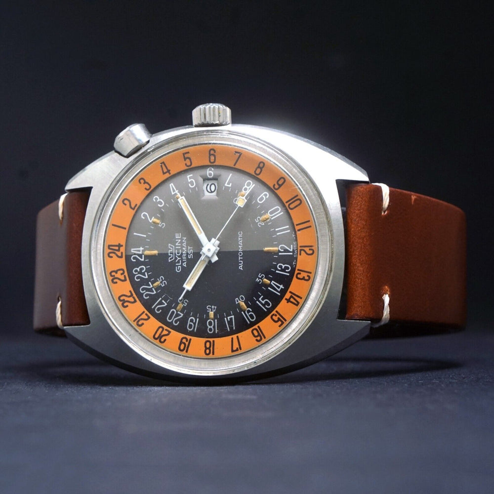 Stunning Glycine Airman SST Unpolished Automatic Stainless Steel Man's Watch, Olde Towne Jewelers, Santa Rosa CA.