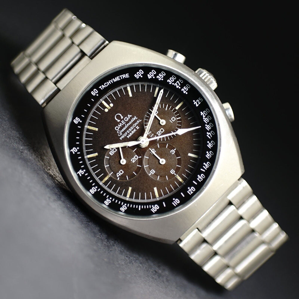 1970 Omega Speedmaster Mark II Stainless Steel Chocolate Dial Chronograph Watch, Olde Towne Jewelers, Santa Rosa CA.