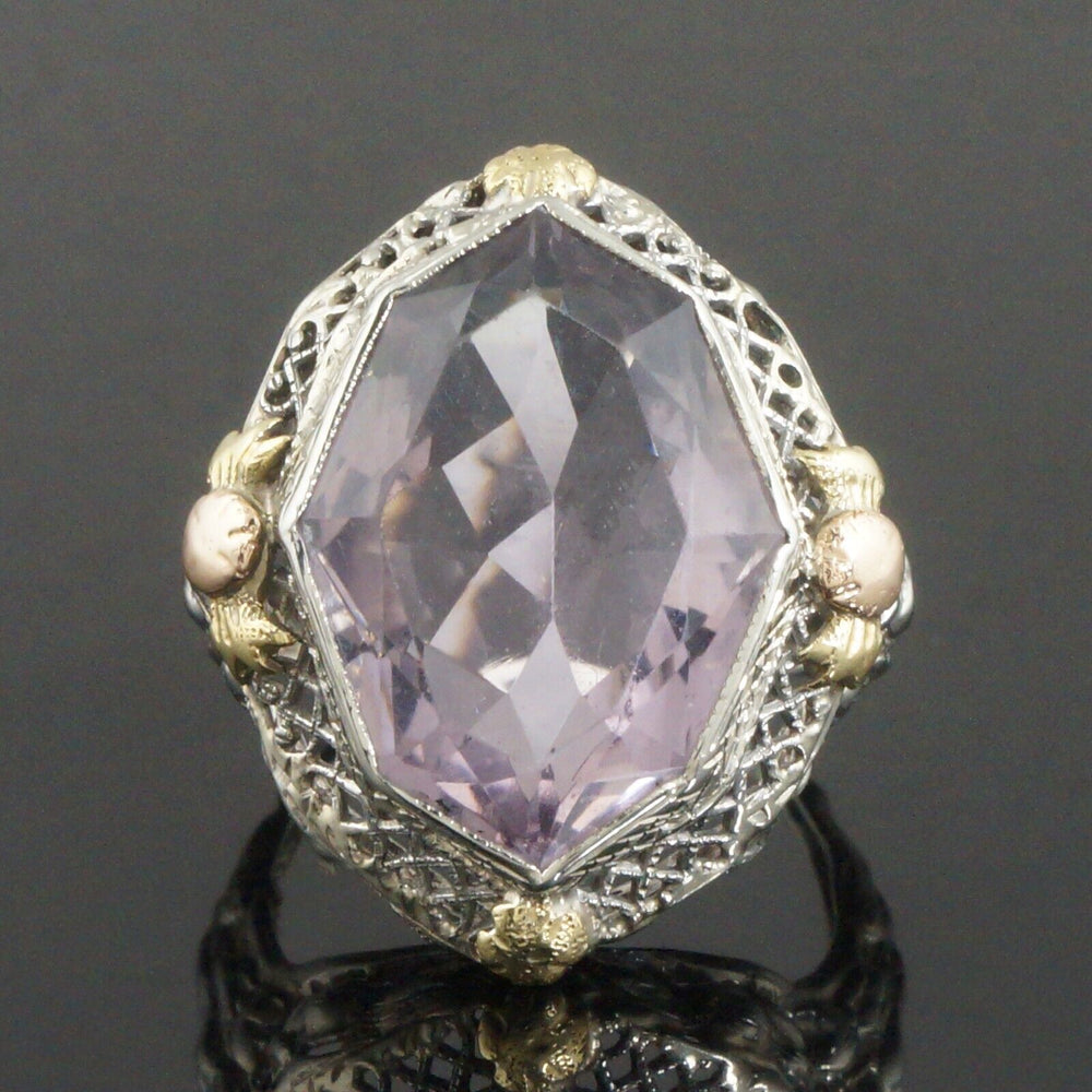 1920s Art Deco Two Tone Solid 14K Gold Filigree & 40.0 Ct. Pink Quartz Ring, Olde Towne Jewelers, Santa Rosa CA.