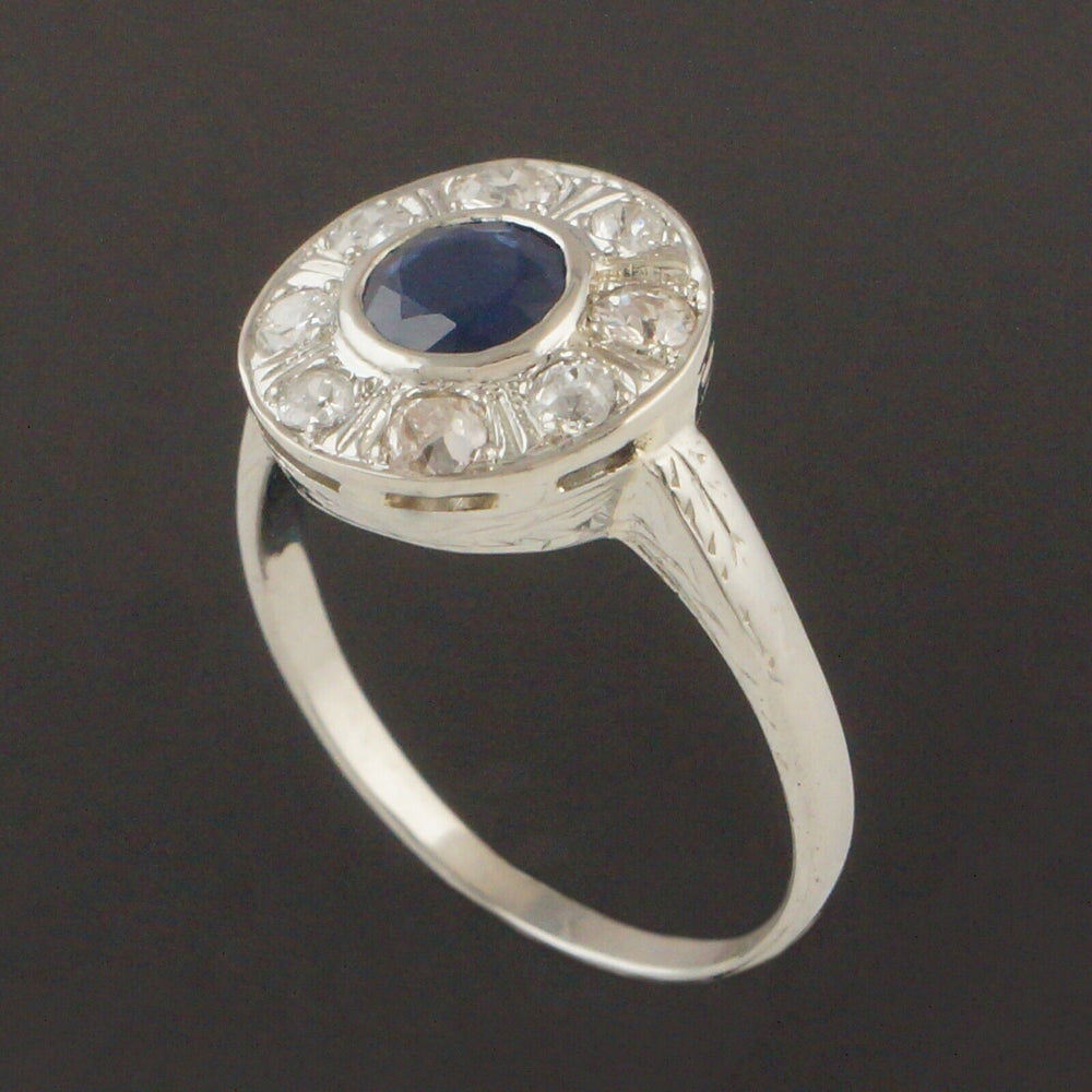 Antique Art Deco Solid 18K Gold 1.05 Ct Sapphire & .48 CTW OMC Diamond Halo Ring, Olde Towne Jewelers, Santa Rosa CA.