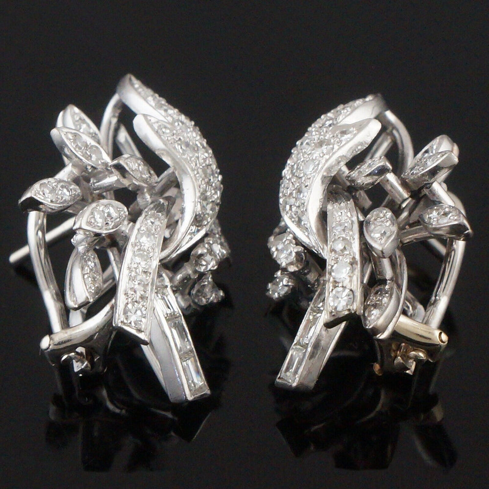 Retro Solid 14K White Gold & 1.64 CTW Diamond Floral Motif Huggie Stud Earrings, Olde Towne Jewelers, Santa Rosa CA.