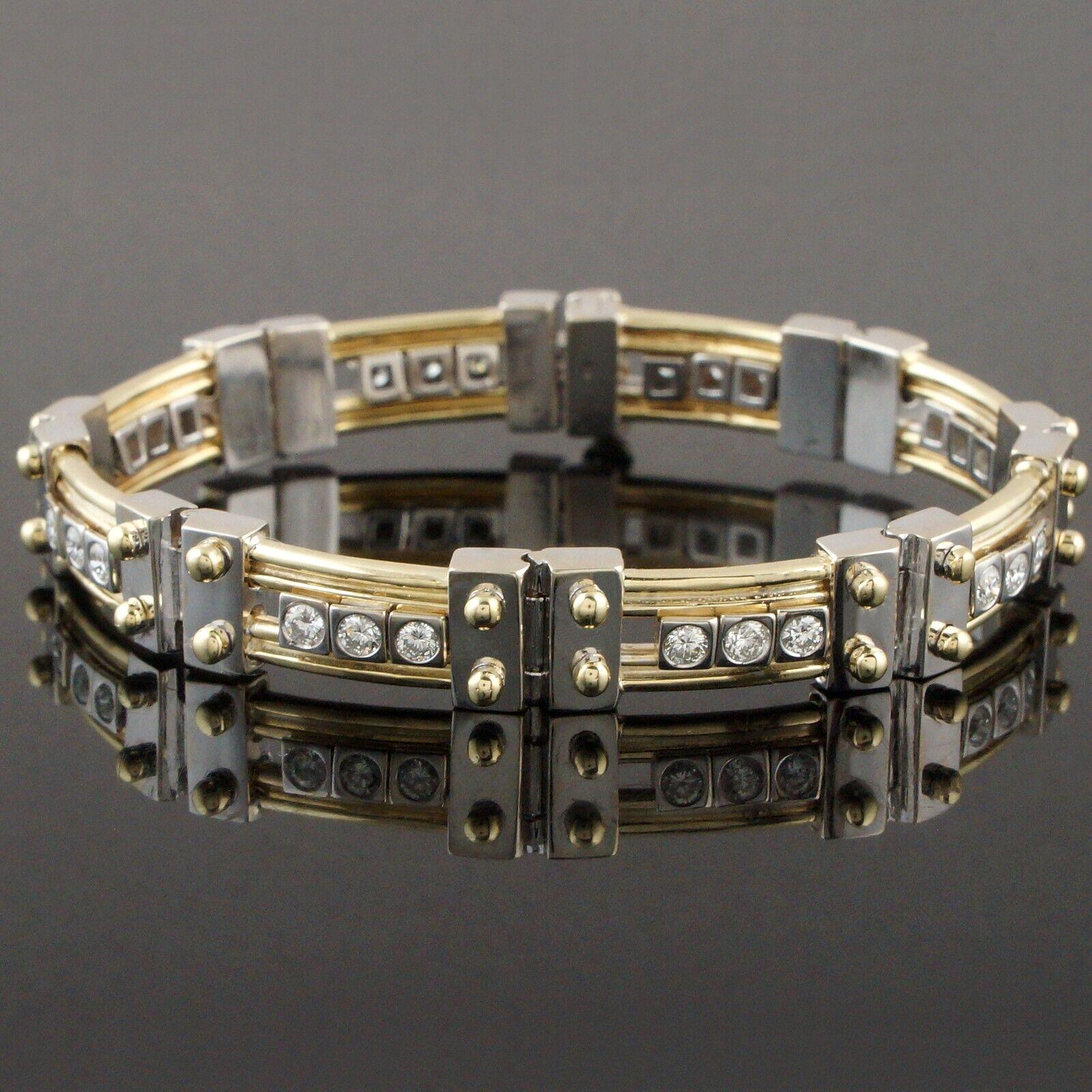 Unique Two Tone Solid 18K Gold Riveted Bar Link 2.16 CTW Diamond