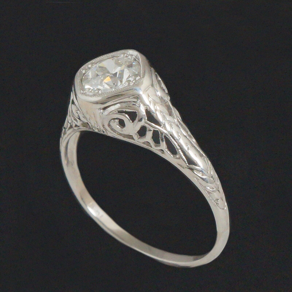 1920s Art Deco Platinum Filigree & Diamond Solitaire Wedding, Engagement Ring, Olde Towne Jewelers, Santa Rosa CA.
