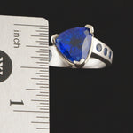 Unique Custom Platinum 6.0 CTW Trillion & Round Tanzanite Estate Overlap Ring, Olde Towne Jewelers, Santa Rosa CA.