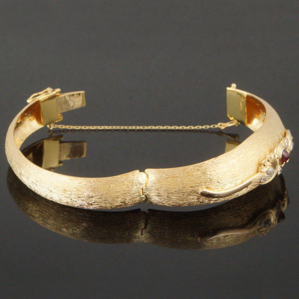 Solid 18K Gold .60 Ct Ruby Cabochon & .50 CTW OMC Diamond Hinged Bangle Bracelet, Olde Towne Jewelers, Santa Rosa CA.