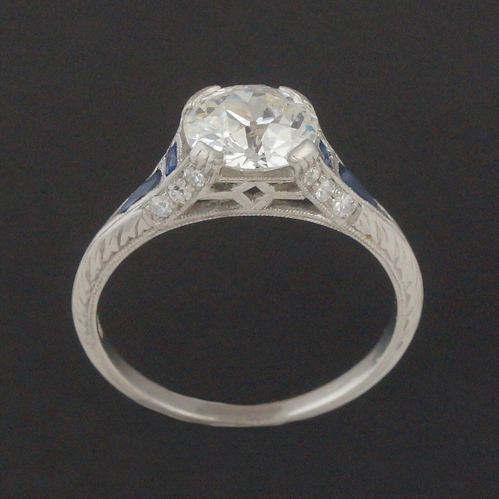 1920s Art Deco Platinum 1.50 CTW OEC Center Diamond & Sapphire Engagement Ring, Olde Towne Jewelers, Santa Rosa CA.
