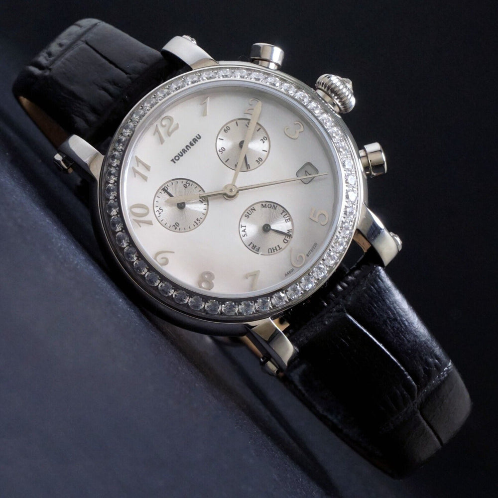 Tourneau Swarovski Crystal Mother of Pearl Stainless Steel Chronograph Watch NEW, Olde Towne Jewelers, Santa Rosa CA.