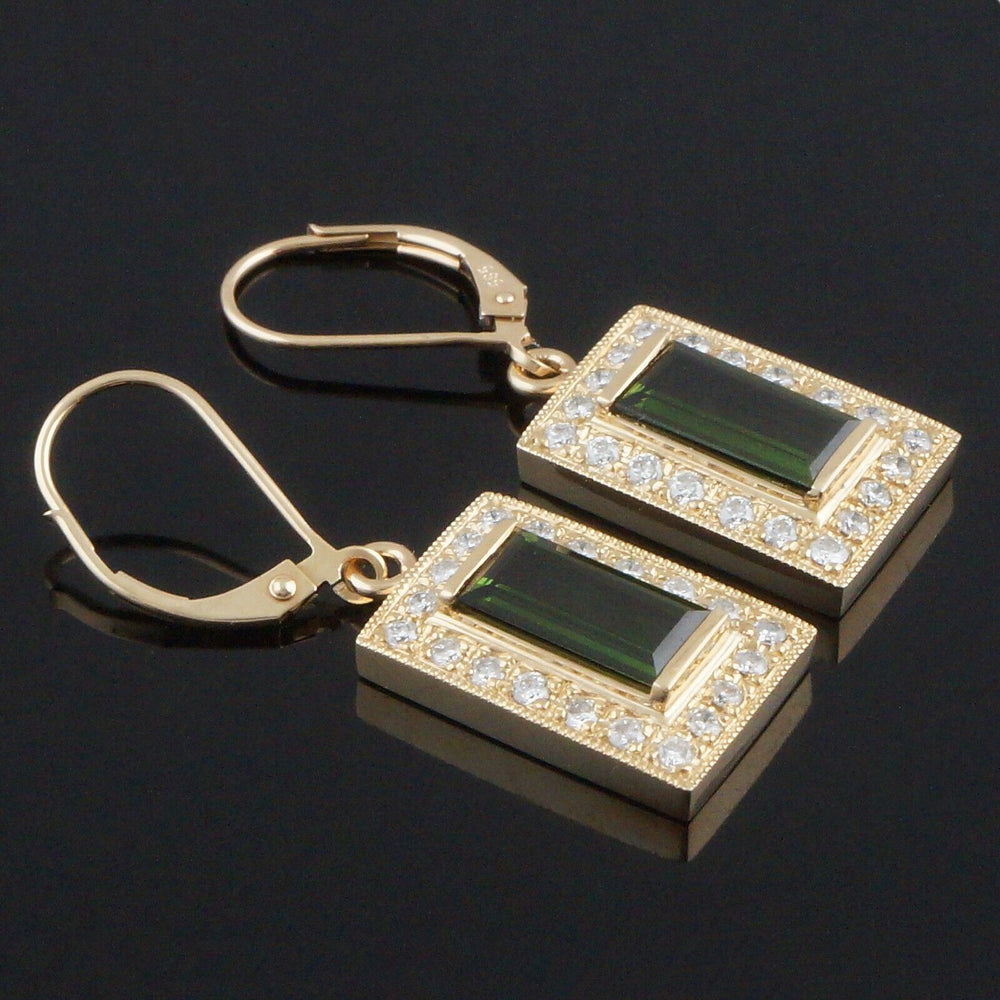 Solid 14K Gold 4.50 CTW Green Tourmaline & Diamond Halo Drop Dangle Earrings, Olde Towne Jewelers, Santa Rosa CA.