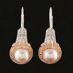 Two Tone Solid 14K Gold, Pearl & Diamond Drop Dangle Lever Back Estate Earrings
