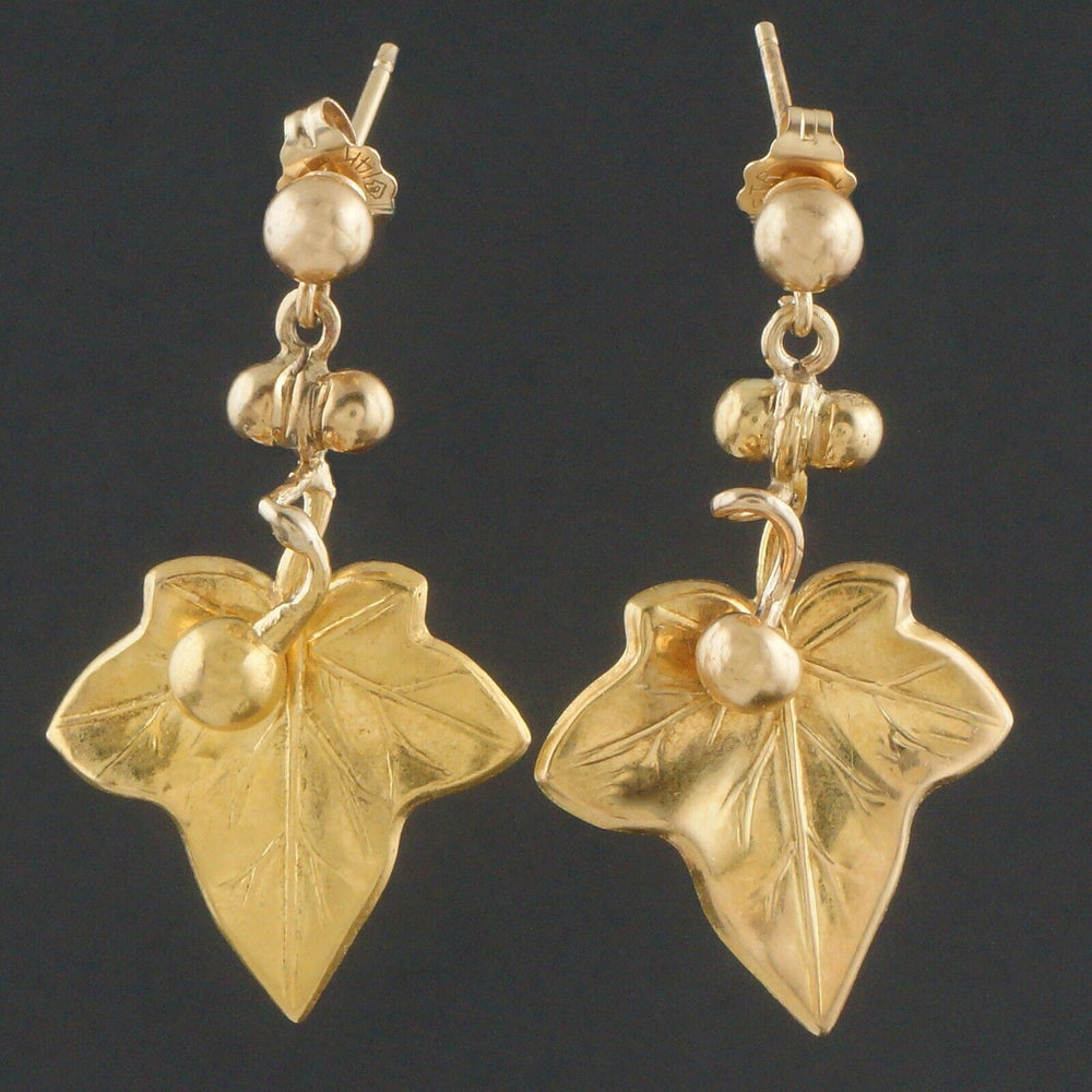 Modernist Solid 18K Yellow Gold Grape Leaves 14" Station Necklace & Earrings Set, Olde Towne Jewelers, Santa Rosa CA.