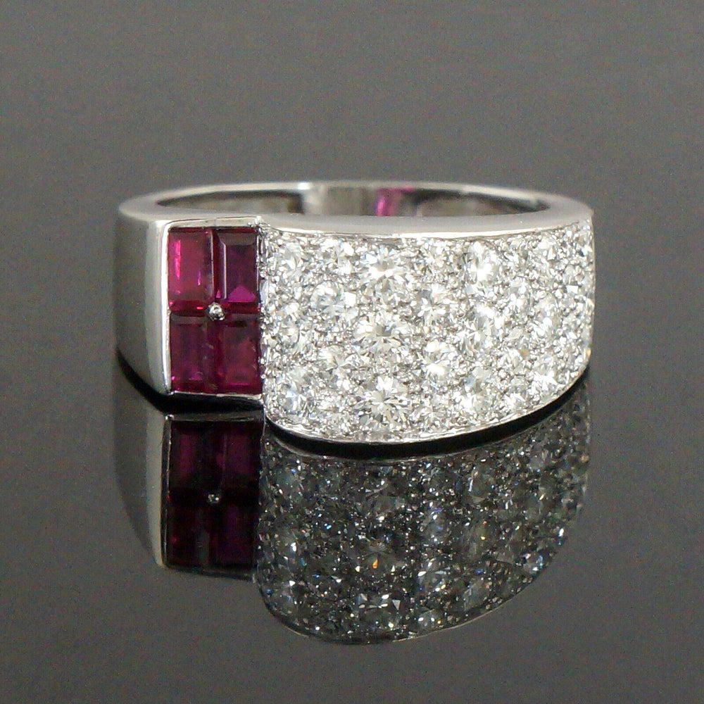 Abstract Modernist Platinum 1.40 CTW Pave Diamond & .56 CTW Baguette Ruby Ring
