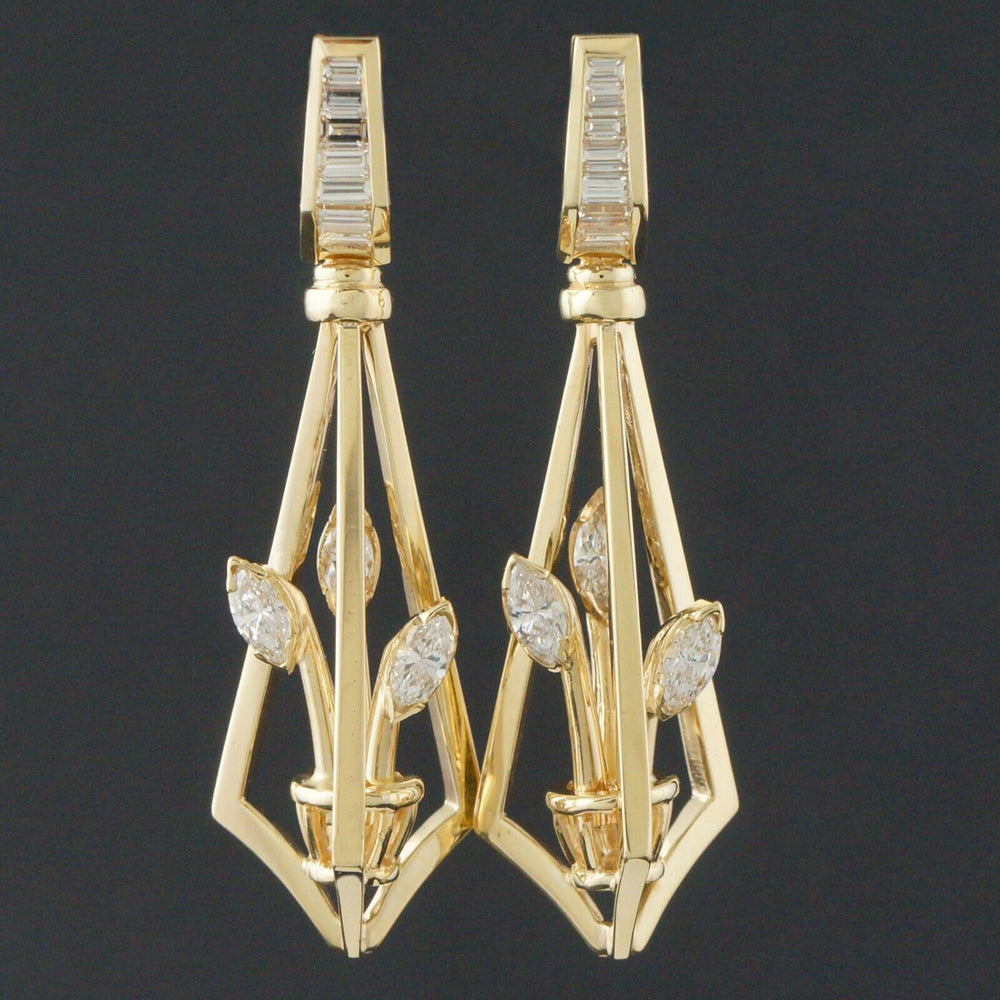 Retro Modernist Solid 14K Gold & 3.25 CTW Diamond Floral Bouquet Drop Earrings