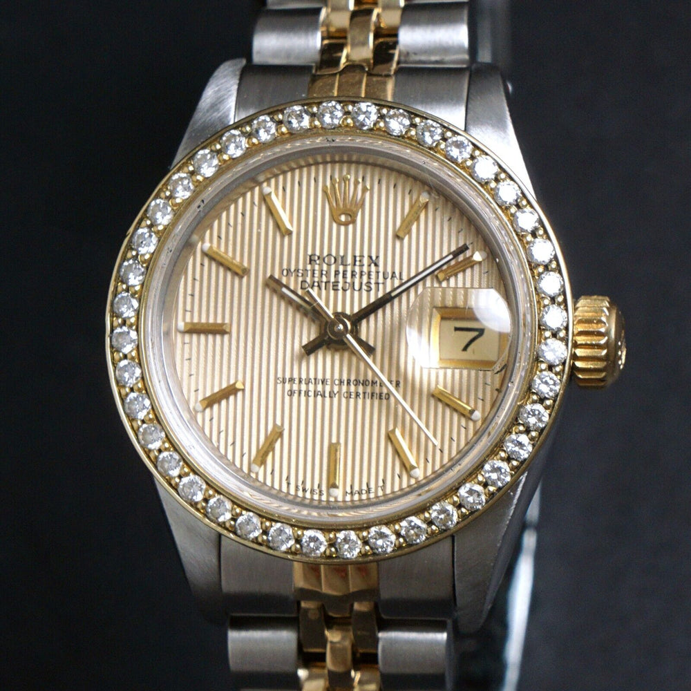 Stunning 1987 Rolex 69173 Datejust 18K/SS Diamond Bezel, Tapestry Dial Watch, Olde Towne Jewelers, Santa Rosa CA.