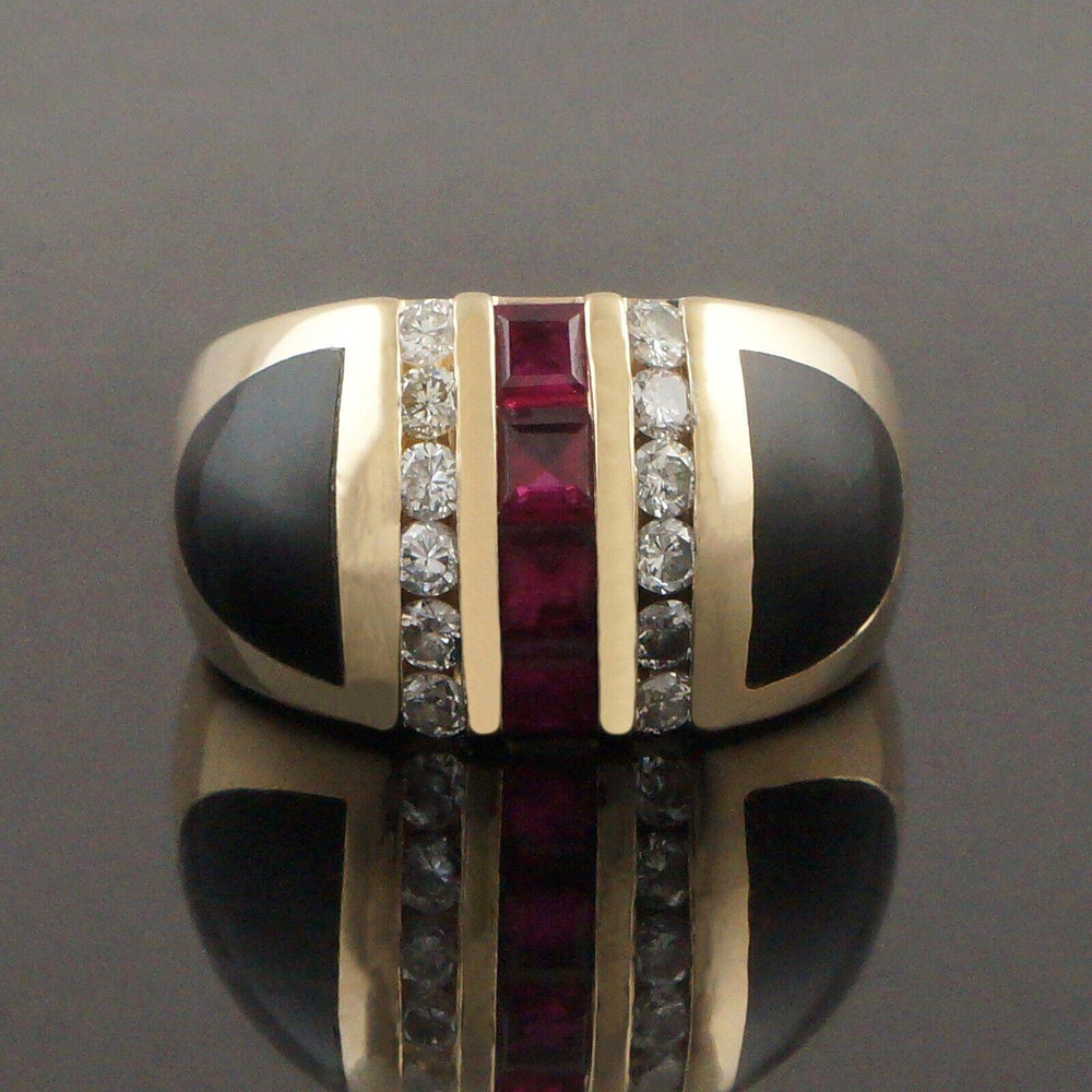 Bagley & Hotchkiss Solid 14K Gold, Black Jade, Ruby & Diamond Cigar Dome Ring, Olde Towne Jewelers, Santa Rosa CA.