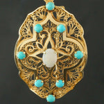 1930's Solid 14K Yellow Gold, Turquoise & Opal Filigree Pendant, Pin, Brooch, Olde Towne Jewelers Santa Rosa Ca.