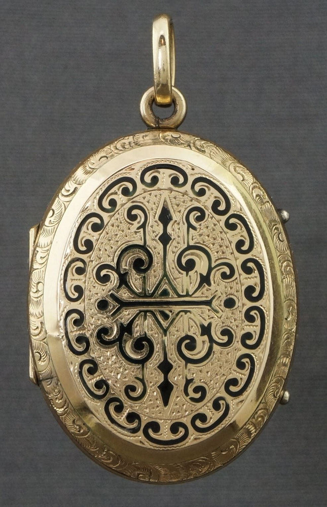 Victorian, Solid Yellow Gold & Black Enamel Engraved Mourning Locket Pendant, Olde Towne Jewelers, Santa Rosa CA.