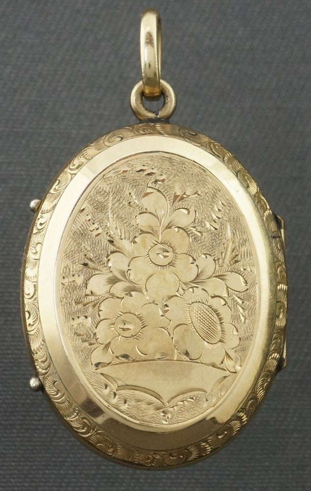 Victorian, Solid Yellow Gold & Black Enamel Engraved Mourning Locket Pendant, Olde Towne Jewelers, Santa Rosa CA.